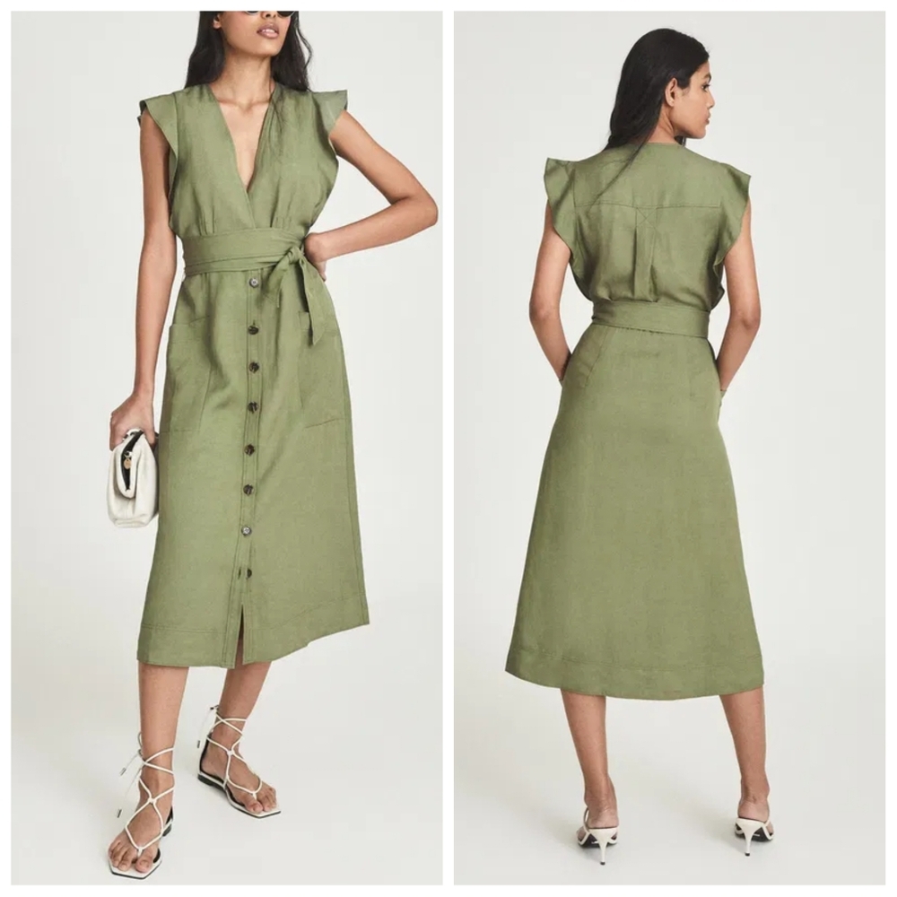 REISS Emma Midi Dress | Size US 2 | NWOT | V-Neck A-Line | Linen Blend